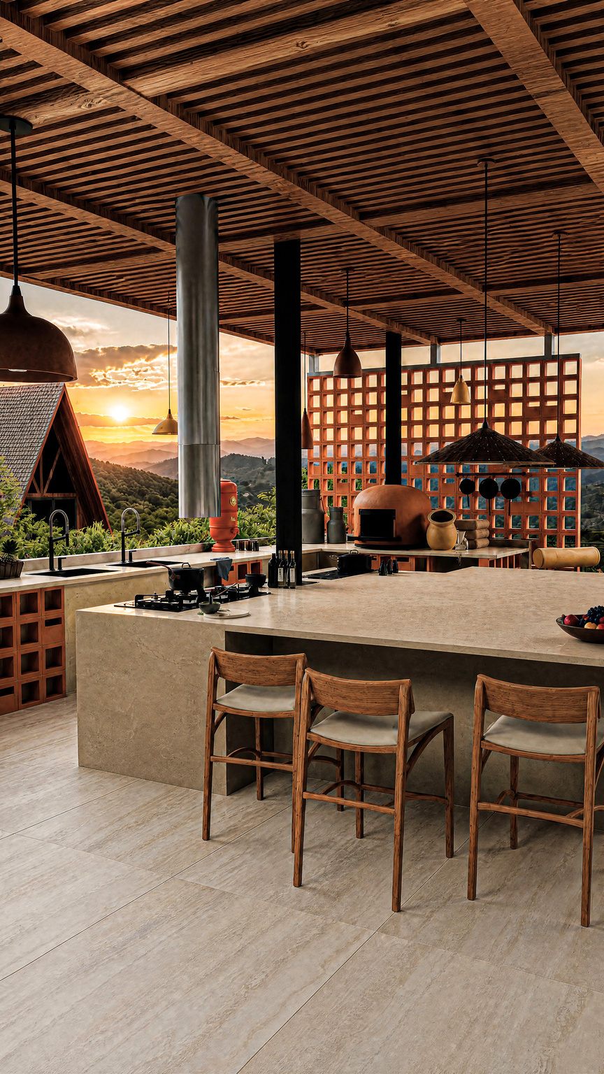 Área gourmet com bancada em pedra, banquetas de madeira e painel de cobogó terracota, com vista para as montanhas ao pôr do sol.