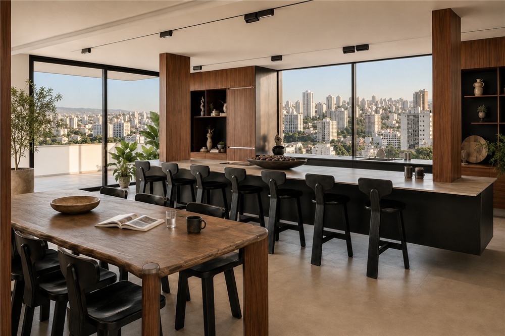 Cozinha e sala integradas, com ilha em pedra e metal preto, mesa de jantar em primeiro plano e vista da cidade ao fundo.